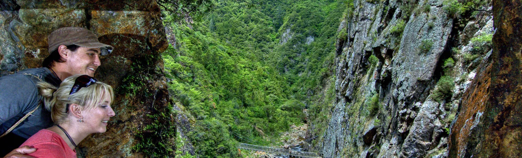 Couple at Windows Walk lookout in Karangahake Gorge