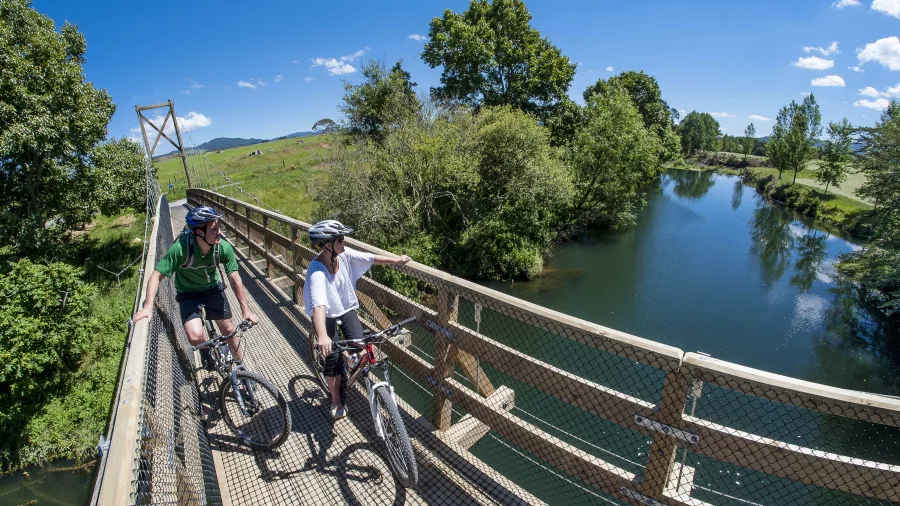 Cyclists on wooden bridge over river