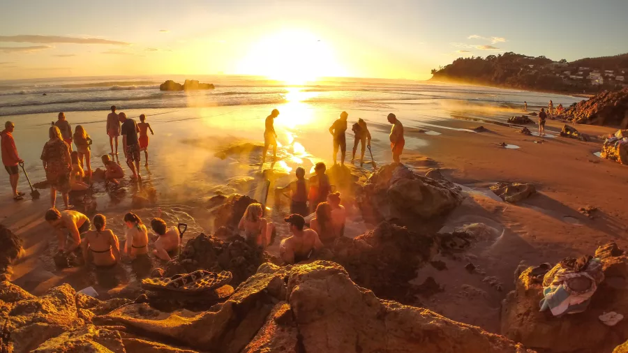 Crowds digging steaming thermal pools in the sand at sunrise on Hot Water Beach, a famous geothermal attraction on the Coromandel Peninsula, New Zealand