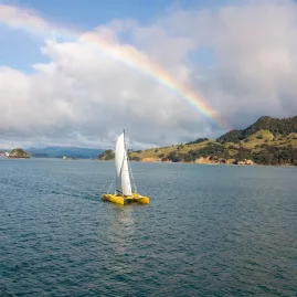 Yellow catamaran sailing under a rainbow in Mercury Bay