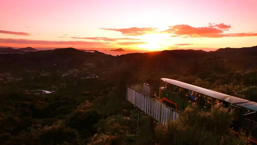 Sunset view of Driving Creek Railway train arriving at EyeFull Tower lookout