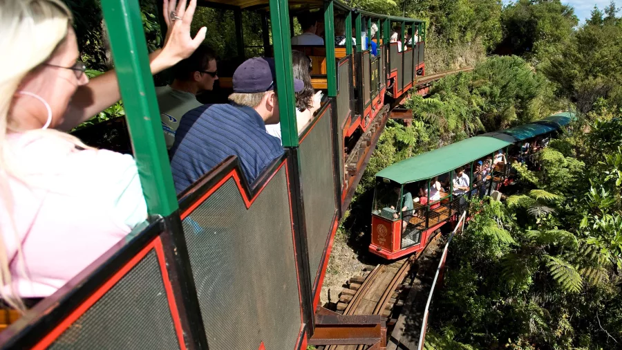 Passengers waving from the Driving Creek Railway train on a curved track