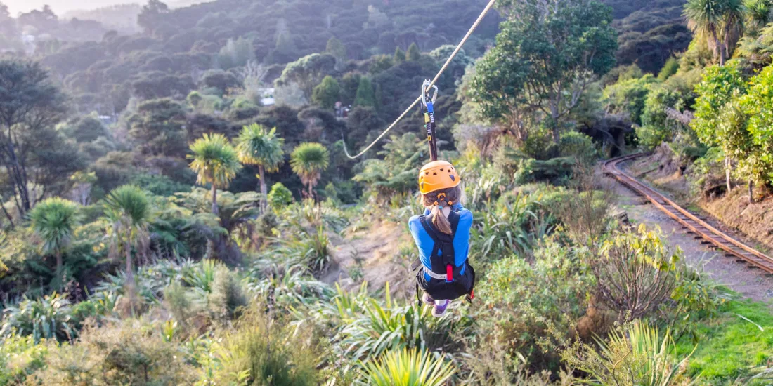Child ziplining across lush native bush with mountain views at Driving Creek