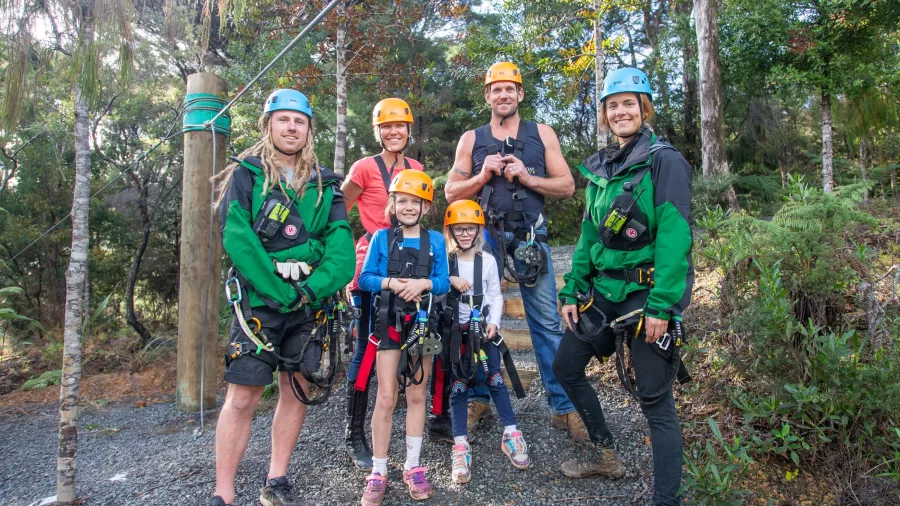 Family group and guides ready to begin Coromandel Zipline Tour at Driving Creek
