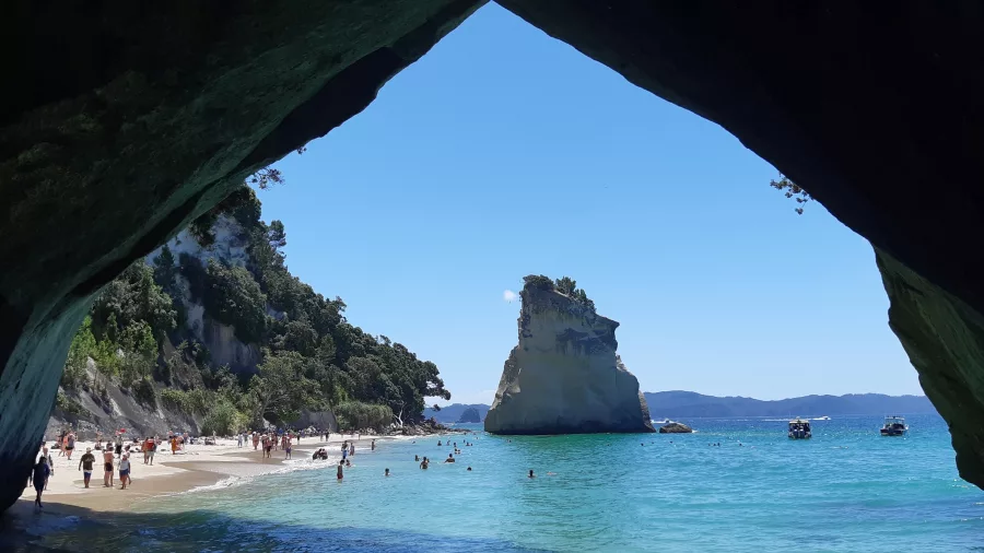 Cathedral Cove viewed from inside the archway cave at Hahei