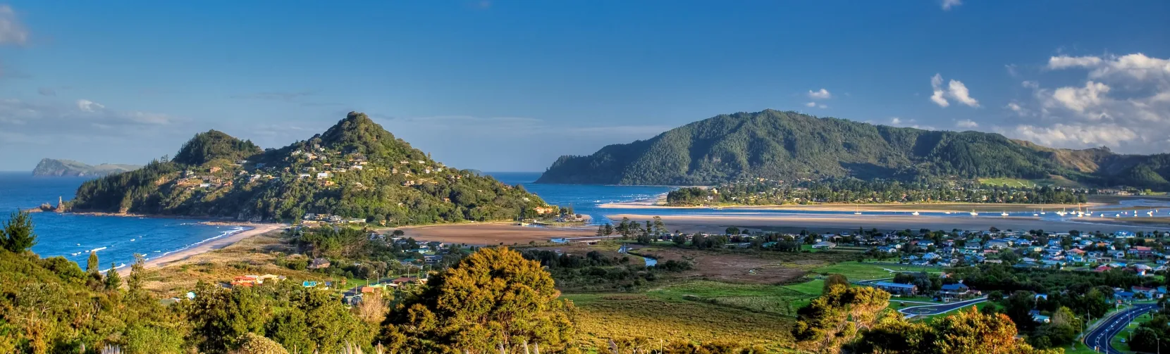 Scenic view from Mount Paku overlooking Tairua coastline and estuary Coromandel
