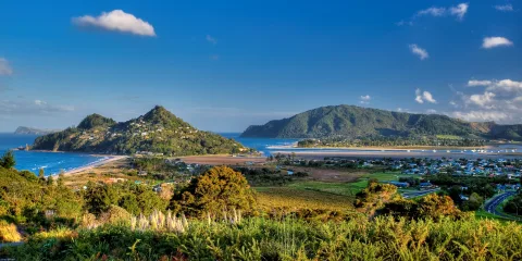 Scenic view from Mount Paku overlooking Tairua coastline and estuary Coromandel