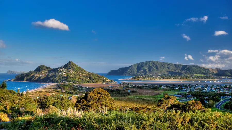 Scenic view from Mount Paku overlooking Tairua coastline and estuary Coromandel