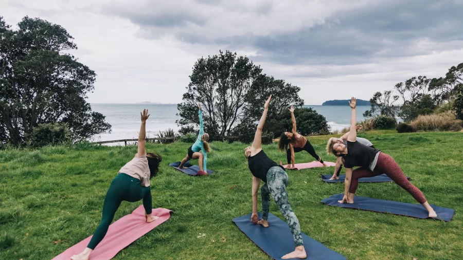 Group practising outdoor yoga on mats overlooking the ocean at Sailors Grave Beach on the Coromandel Peninsula, New Zealand
