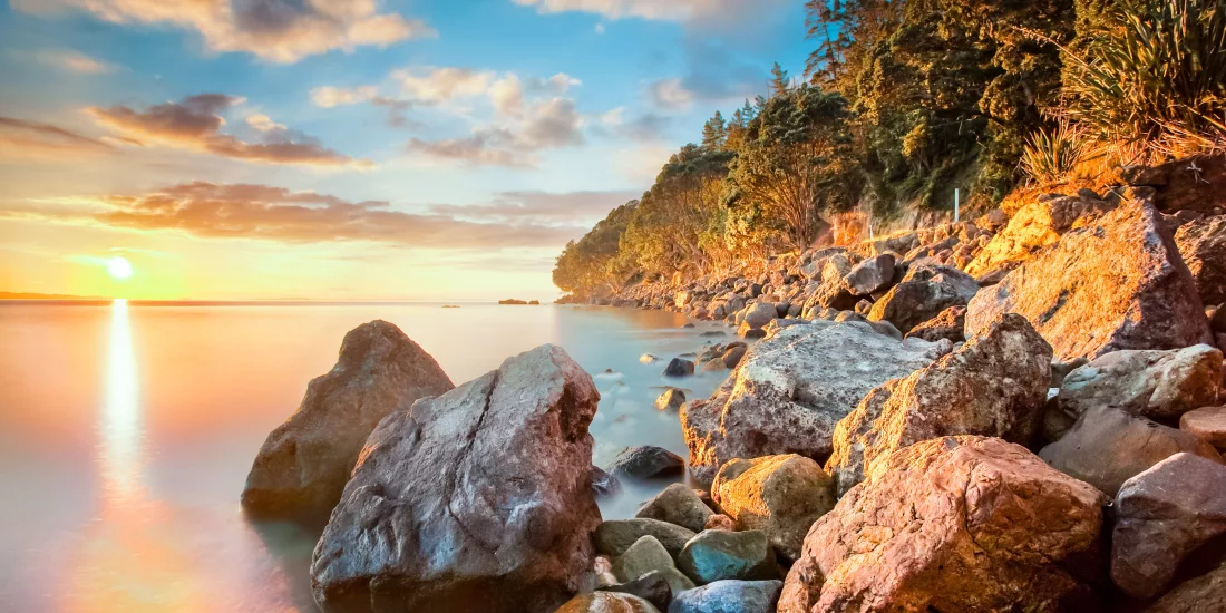 Rocky shoreline along the Thames coast at sunset with golden light reflecting on the water and coastal forest on the Coromandel Peninsula, New Zealand