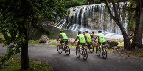 Group of cyclists arriving at Rere Falls on the Rere Falls Cycle Trail from Gisborne