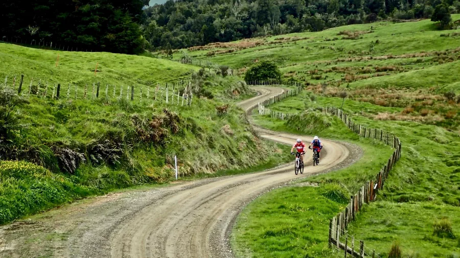 Cyclists navigating a scenic switchback on the Rere Falls Trail near Gisborne