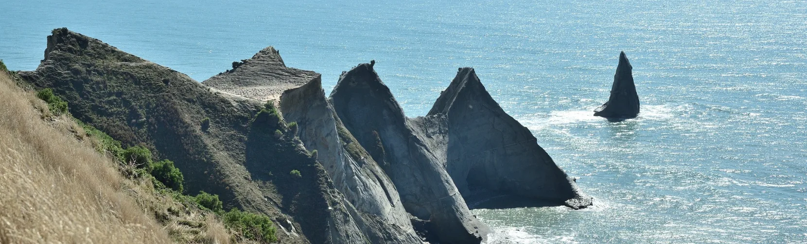 Rugged sea cliffs at Cape Kidnappers along the Hawke’s Bay coastline near Napier