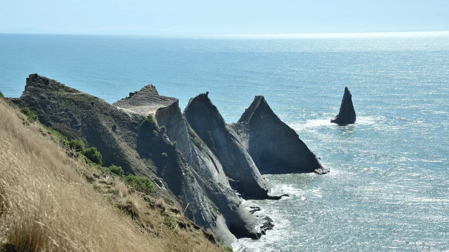 Rugged sea cliffs at Cape Kidnappers along the Hawke’s Bay coastline near Napier