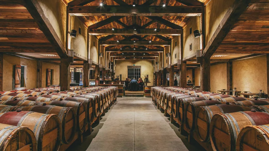 Barrel room at Church Road Winery with timber beams and rows of French oak barrels