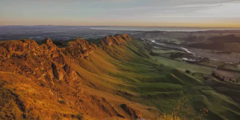 Te Mata Peak at sunrise overlooking Havelock North and Hastings in Hawke’s Bay
