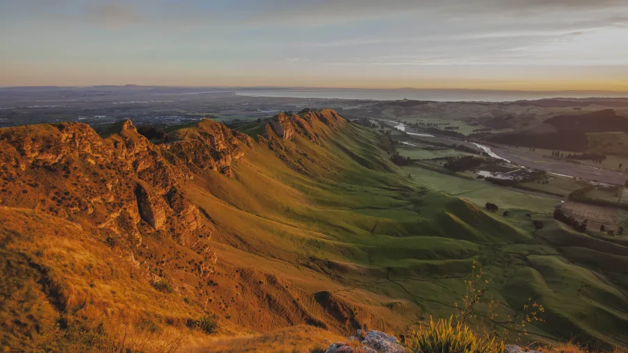 Te Mata Peak at sunrise overlooking Havelock North and Hastings in Hawke’s Bay