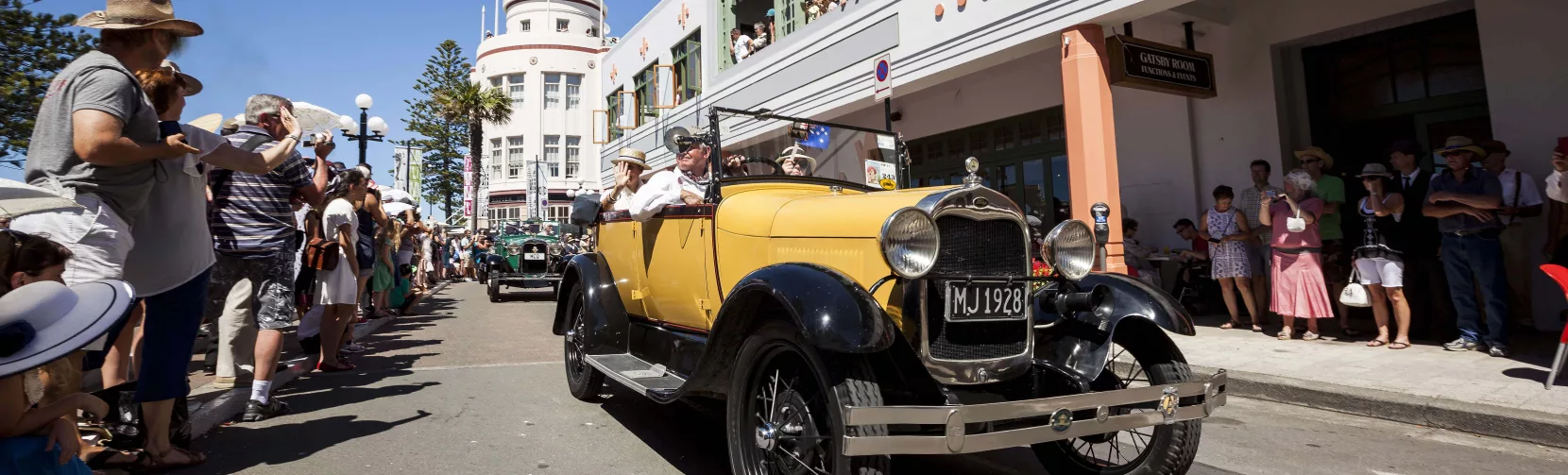 Classic car parade on Marine Parade during Napier’s Art Deco Weekend, Hawke’s Bay