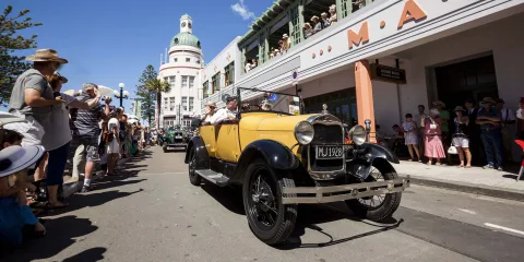 Classic car parade on Marine Parade during Napier’s Art Deco Weekend, Hawke’s Bay