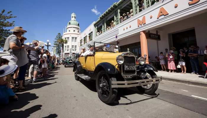 Classic car parade on Marine Parade during Napier’s Art Deco Weekend, Hawke’s Bay