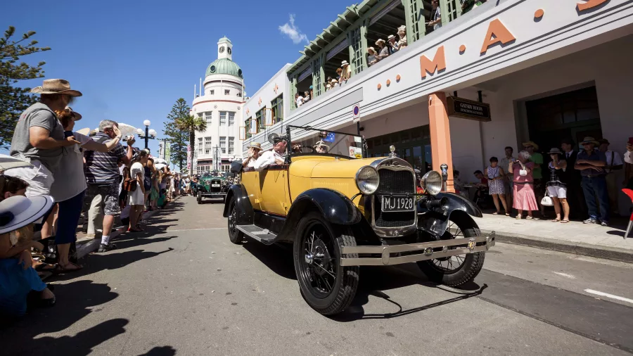 Classic car parade on Marine Parade during Napier’s Art Deco Weekend, Hawke’s Bay