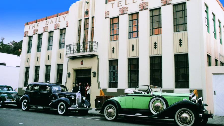 Vintage cars outside The Daily Telegraph during Art Deco Weekend in Napier, Hawke’s Bay