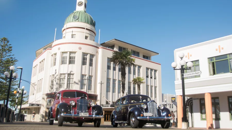 Vintage cars outside an Art Deco Centre building in central Napier, Hawke’s Bay