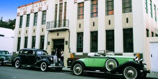 Vintage cars outside The Daily Telegraph during Art Deco Weekend in Napier, Hawke’s Bay