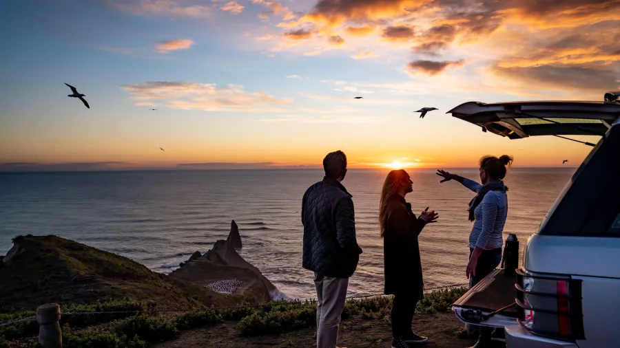 Tour group enjoying the sunrise view at Cape Kidnappers overlooking the Pacific Ocean