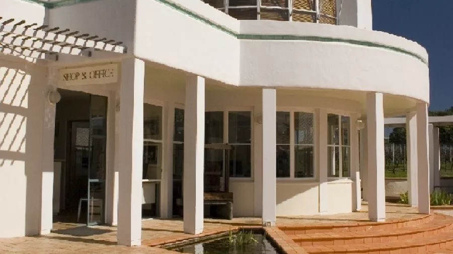 Te Mata Estate Winery building with art deco styling and vineyard setting in Hawke’s Bay