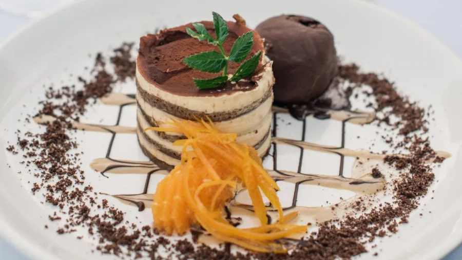 Gourmet chocolate dessert with orange zest and ice cream at Mission Winery, Hawke’s Bay