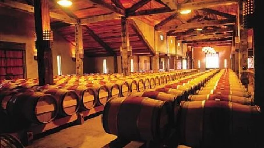 Interior of Church Road Winery’s barrel hall with rows of oak barrels and timber ceiling