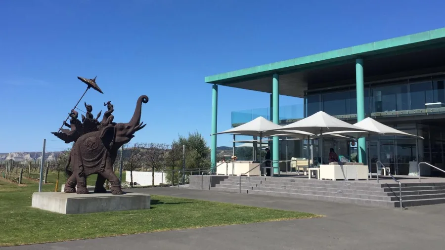 Elephant Hill Winery with its iconic elephant sculpture and outdoor seating
