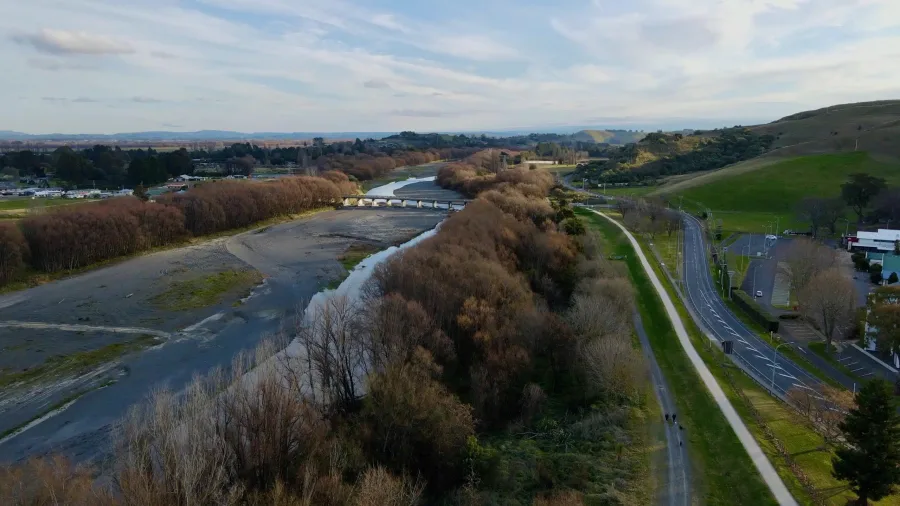 Aerial view of the River Ride trail beside the Tutaekuri River in Hawke’s Bay