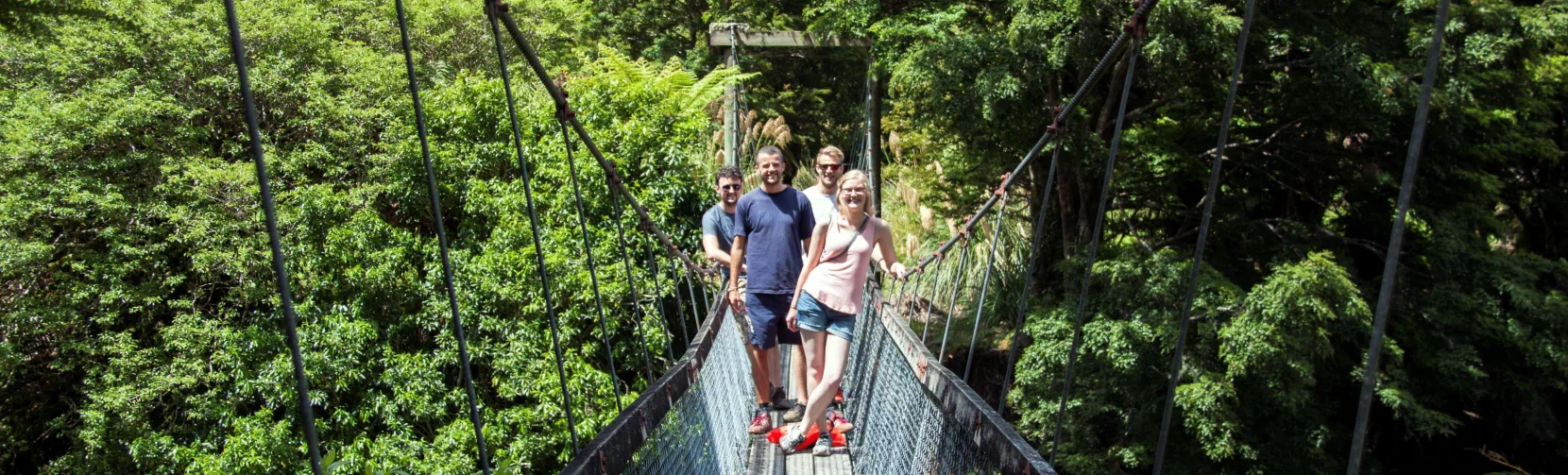 Group of hikers crossing a swing bridge on the Lake Waikaremoana Great Walk in Te Urewera, Hawke’s Bay