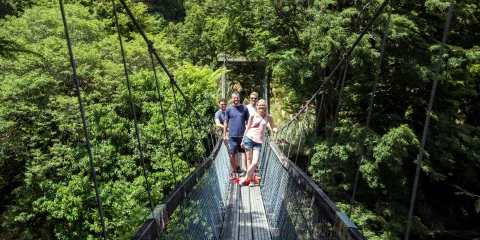 Group of hikers crossing a swing bridge on the Lake Waikaremoana Great Walk in Te Urewera, Hawke’s Bay