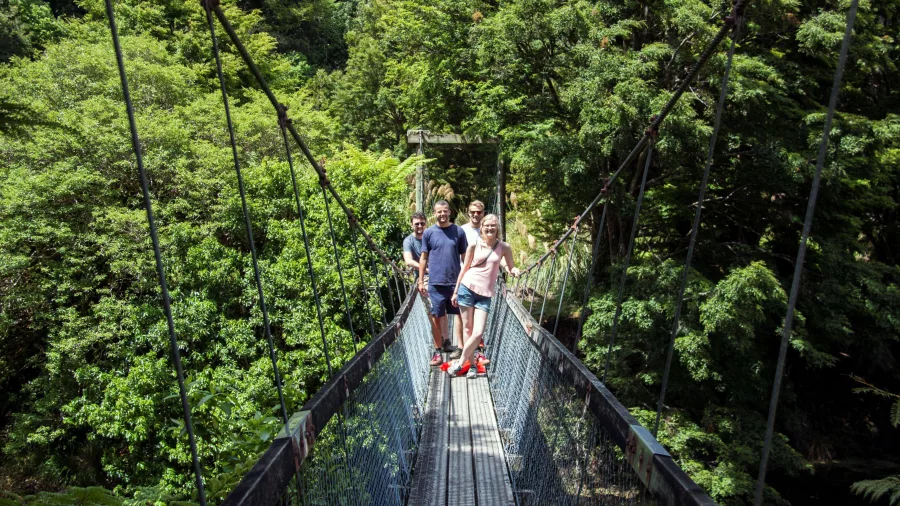 Group of hikers crossing a swing bridge on the Lake Waikaremoana Great Walk in Te Urewera, Hawke’s Bay