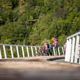 Family biking across Hapuawhenua Viaduct on Old Coach Road
