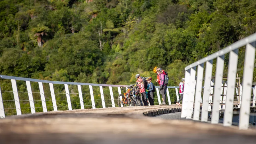 Family biking across Hapuawhenua Viaduct on Old Coach Road