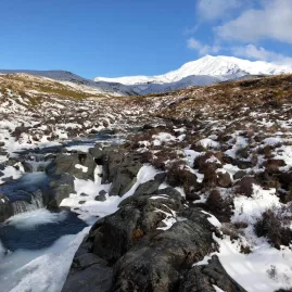 Icy mountain stream flowing beneath a snow-covered Mount Ruapehu in Tongariro National Park