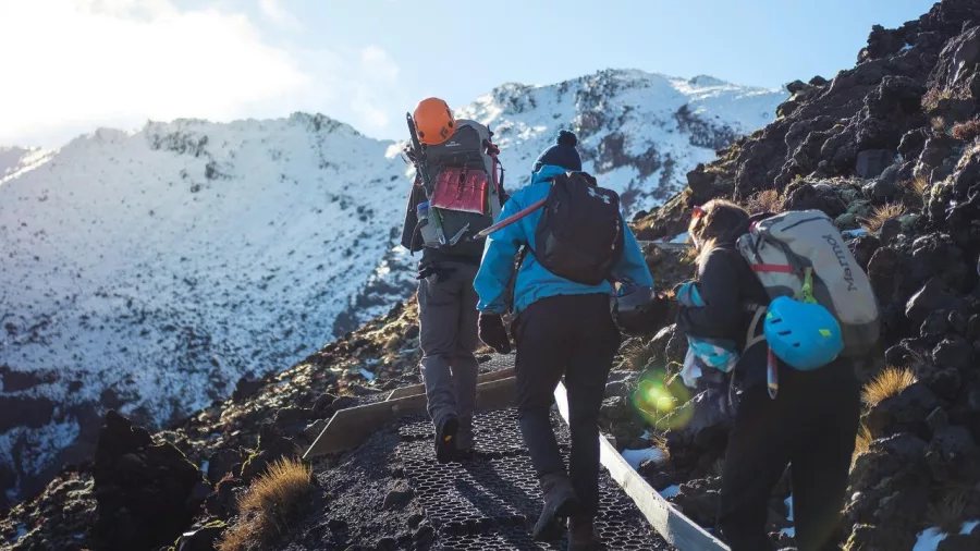 Group ascending a snowy ridge with trekking gear