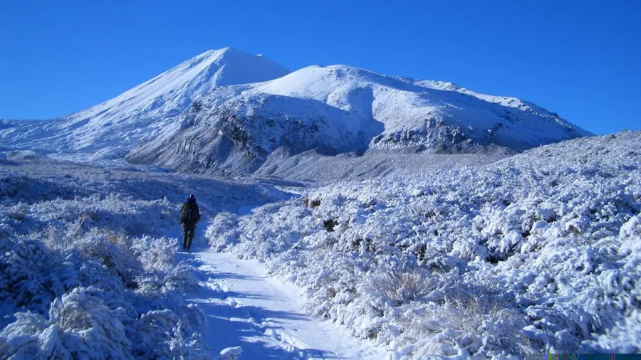 Solo hiker on snowy trail with Mount Ngauruhoe in the background