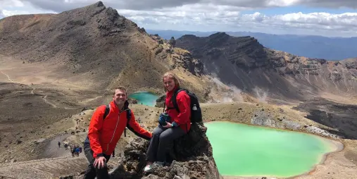 Couple at Emerald Lakes on the Tongariro Alpine Crossing with Adrift Tongariro