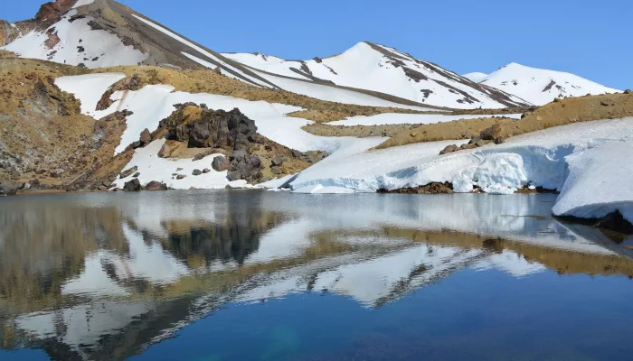 Crater Lake at Mount Ruapehu summit reflecting snowy alpine surroundings