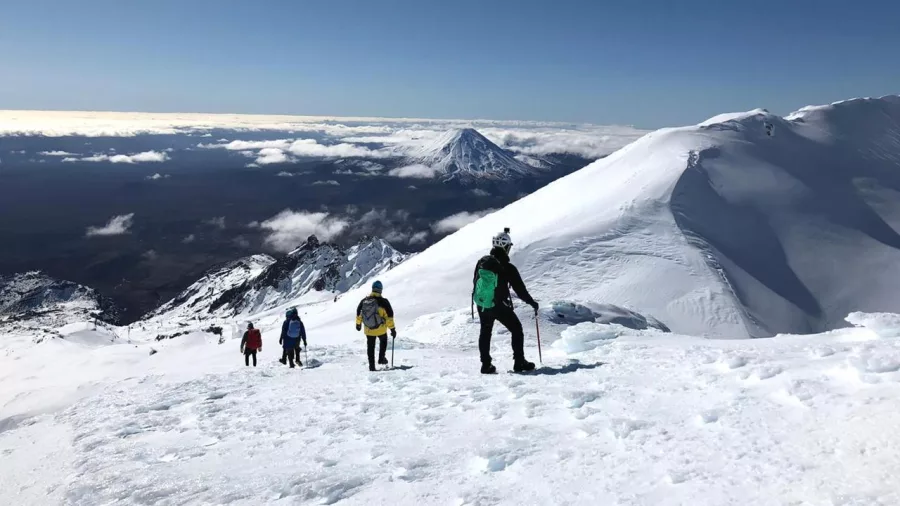 Guided hikers descending Mt Ruapehu’s snowy summit with panoramic views of Mount Ngauruhoe
