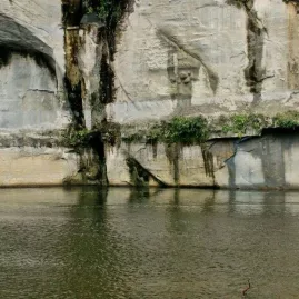 Family paddling a canoe past towering sandstone cliffs on the Whanganui River