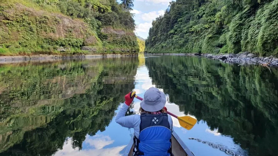 Paddler in a canoe navigating the Whanganui River with lush green cliffs ahead