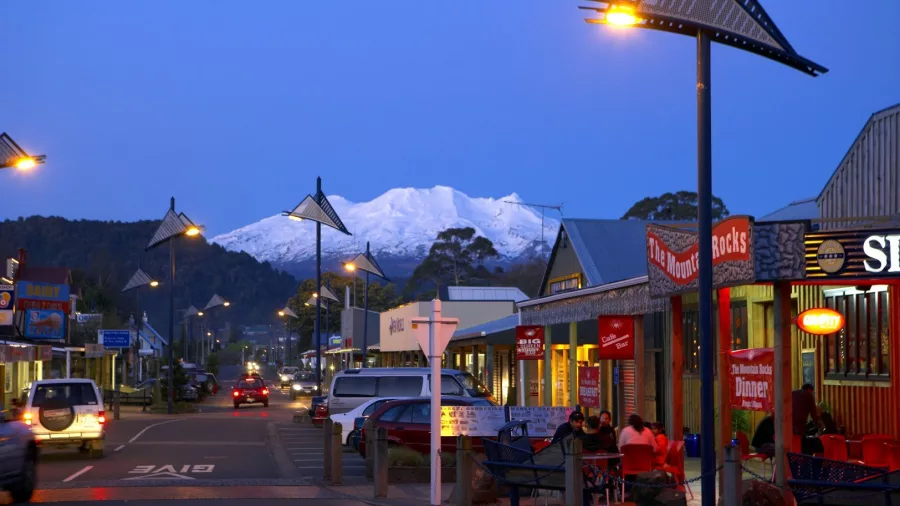 Evening in Ohakune with snowy Mt Ruapehu in the distance