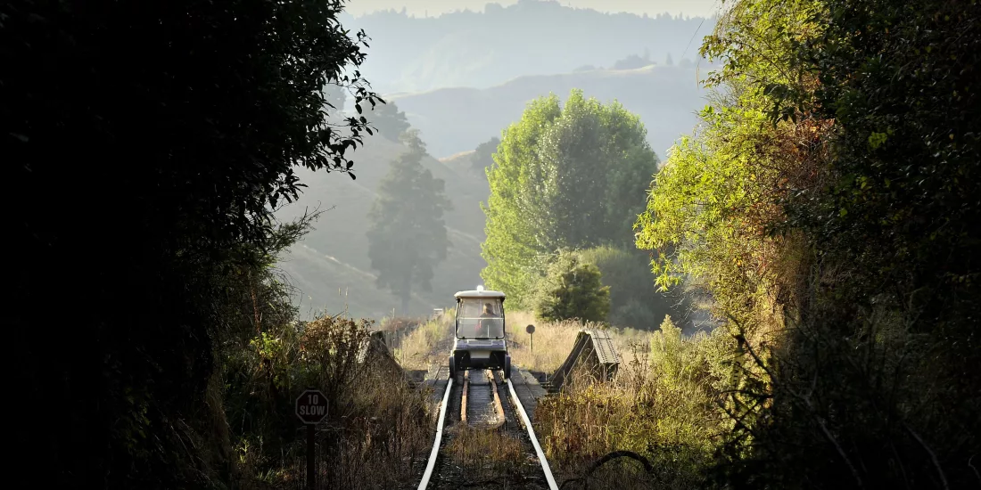 Rail cart crossing a small bridge in soft morning light on the Forgotten World Adventures rail trail.