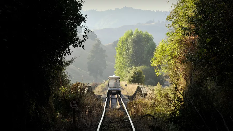 Rail cart crossing a small bridge in soft morning light on the Forgotten World Adventures rail trail.